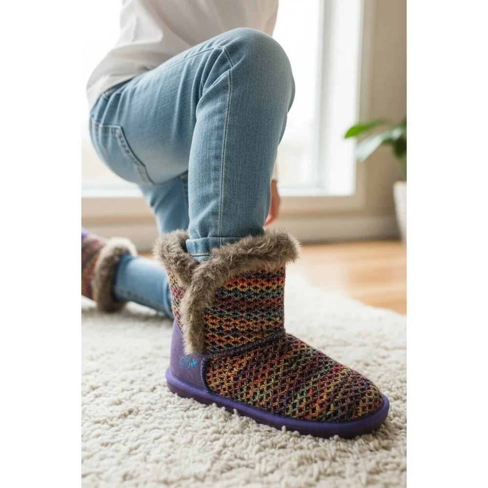 Lamo Kids Rainbow Knit Faux Fur Lined Boots Purple Size 4Y